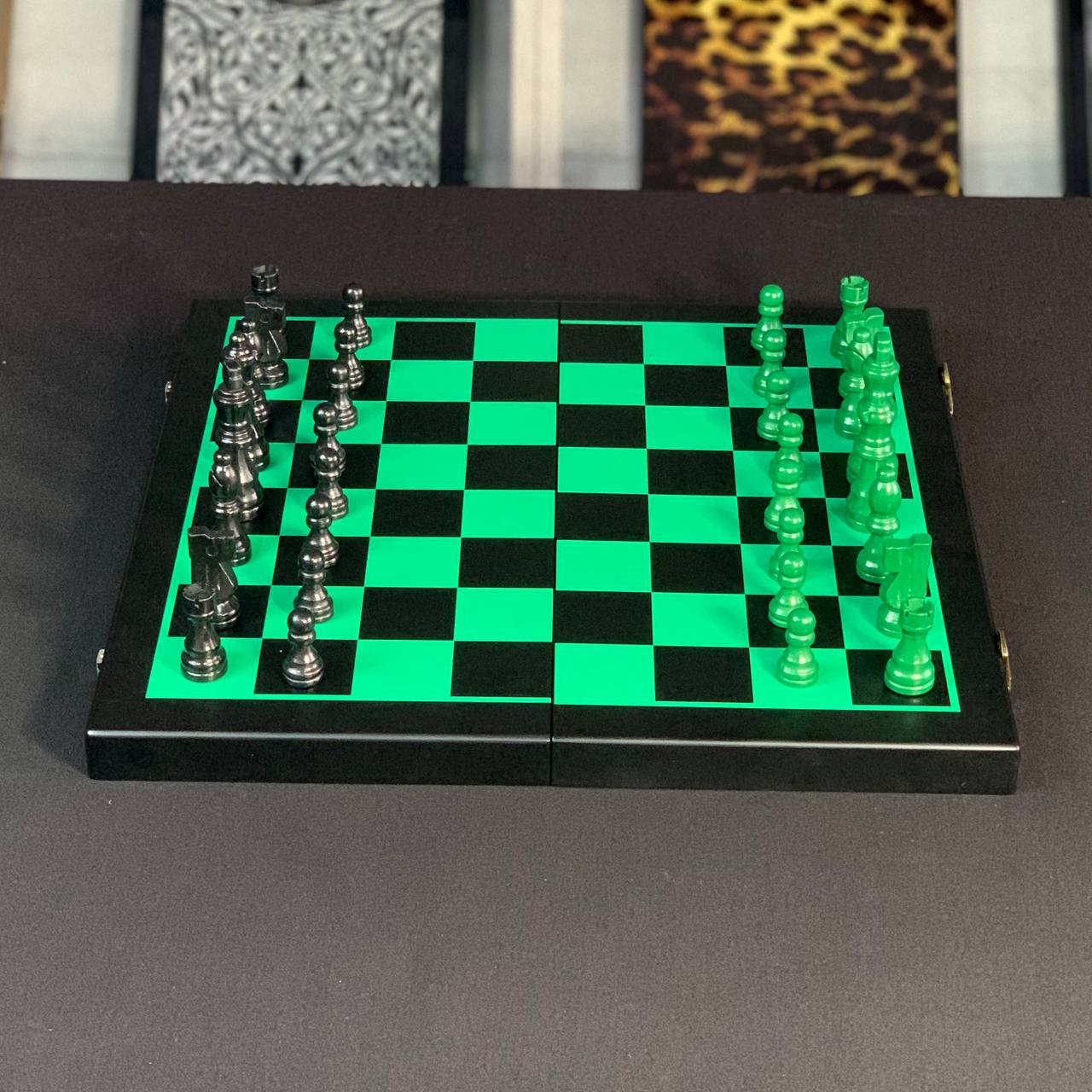 Magnetic Wooden Chess Set with Extra "Queen" in Green and Black, 40×20 cm. Gift-ready