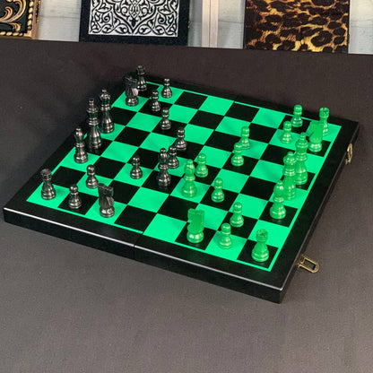 Magnetic Wooden Chess Set with Extra "Queen" in Green and Black, 40×20 cm. Gift-ready