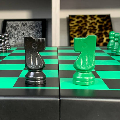 Magnetic Wooden Chess Set with Extra "Queen" in Green and Black, 40×20 cm. Gift-ready