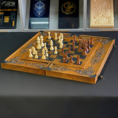 Wooden Chess Set with Luxurious Design, 3 in 1 (Chess, checkers and backgammon) 68×32 cm. Gift-ready