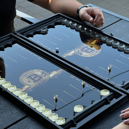 Glas-Backgammon „Bitcoin“, Backgammon-Brett, Geschenk für Chef