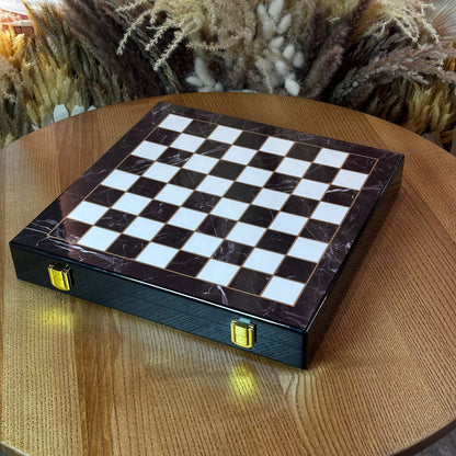 Chess Set with Imitation Marble and Metal Pieces (29x29 cm), Wooden chess set. Gift-ready. Art. 198027