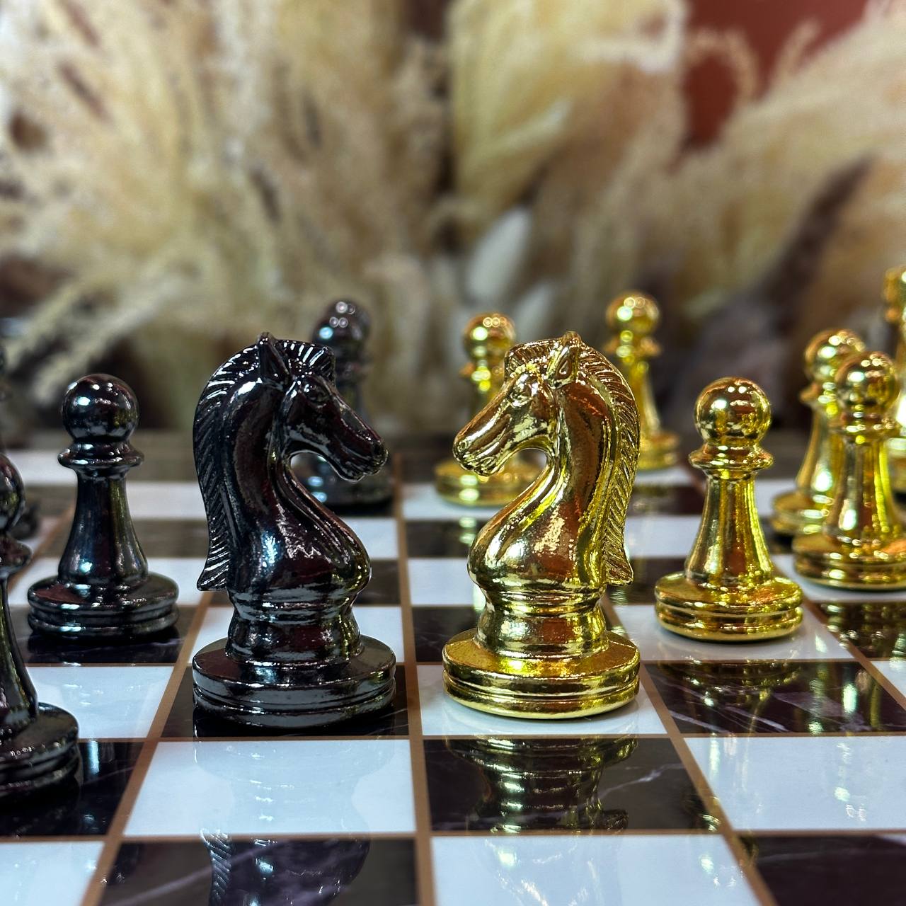 Chess Set with Imitation Marble and Metal Pieces (29x29 cm), Wooden chess set. Gift-ready. Art. 198027