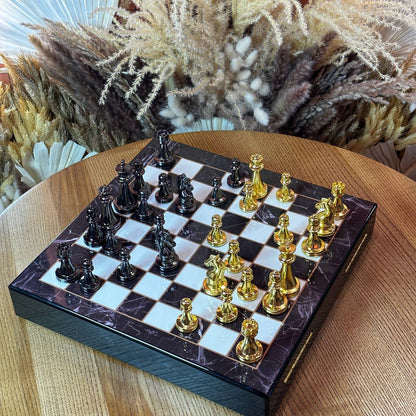 Chess Set with Imitation Marble and Metal Pieces (29x29 cm), Wooden chess set. Gift-ready. Art. 198027