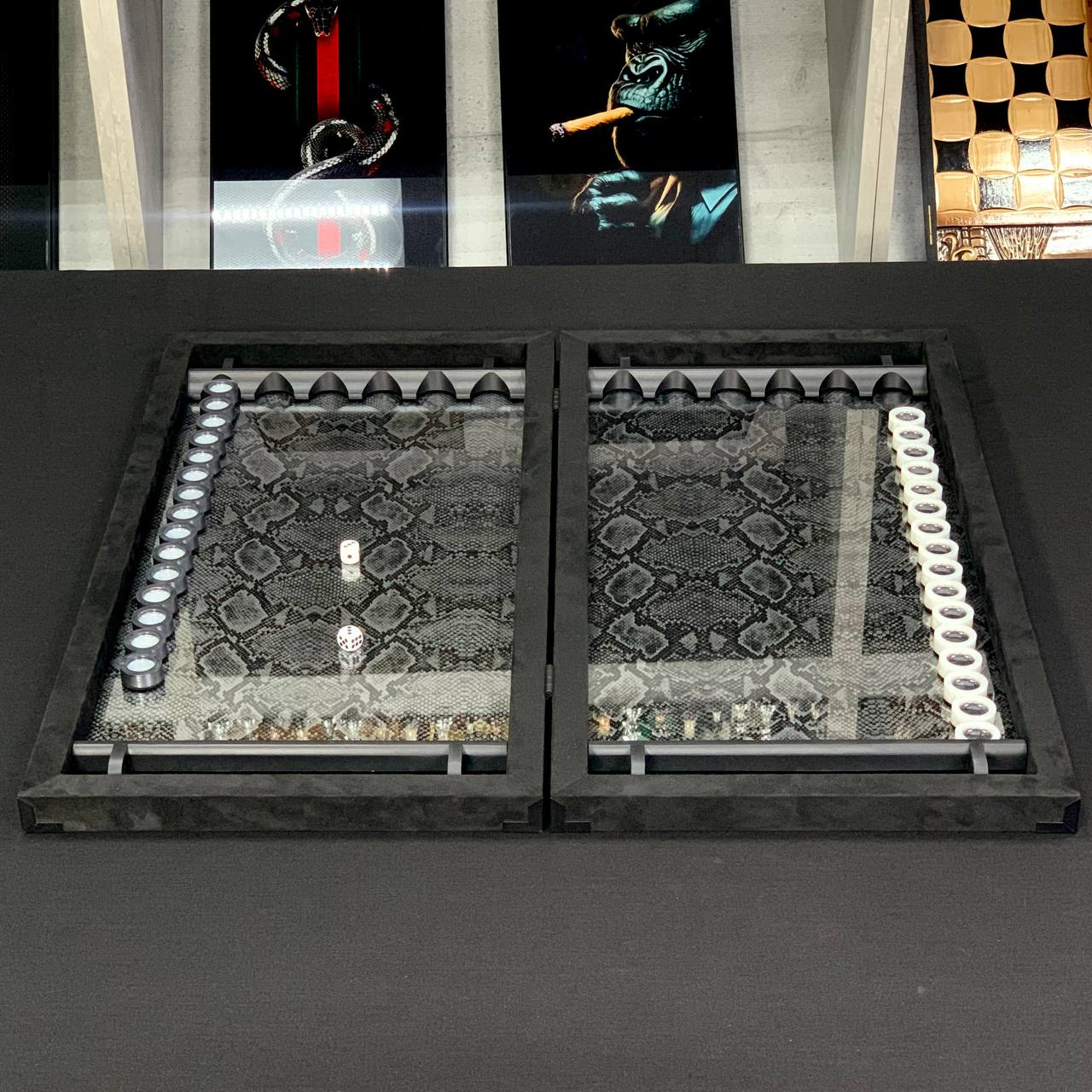 Exclusive Carbon Backgammon Set in Aluminum Frame with Glass Interior, 60*30 cm, Art.555005 Gift-ready