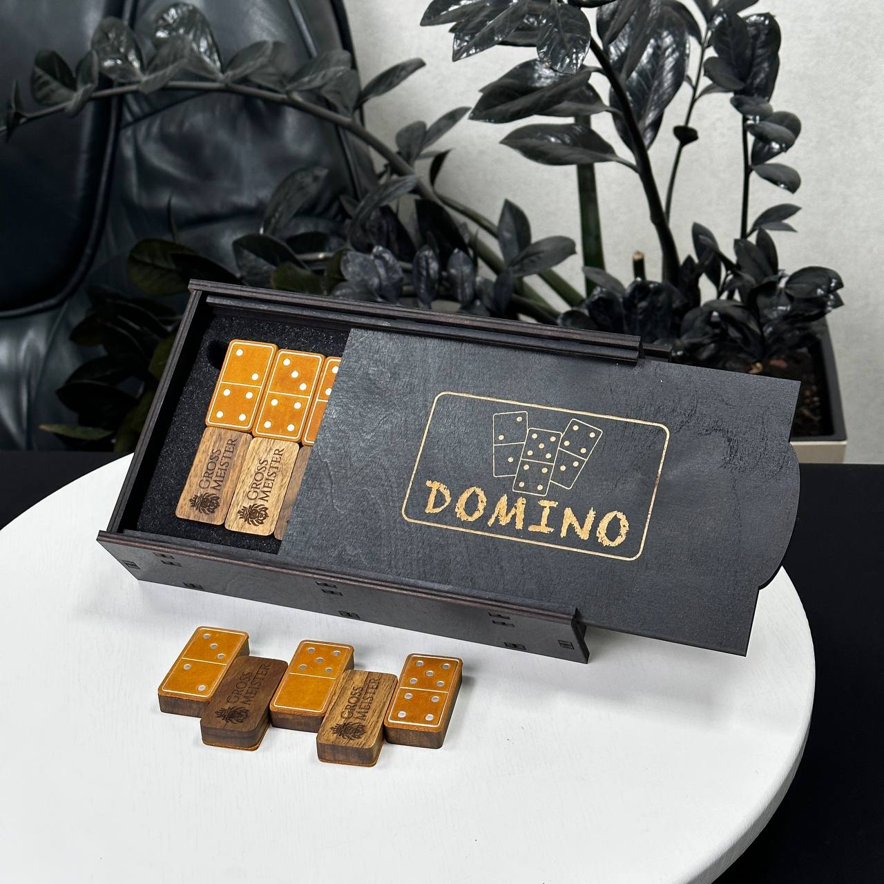 Luxury Domino set from Wood and Elegant Leather, 52*27*12mm orange dominoes, Gift-ready