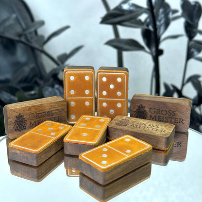 Luxury Domino set from Wood and Elegant Leather, 52*27*12mm orange dominoes, Gift-ready