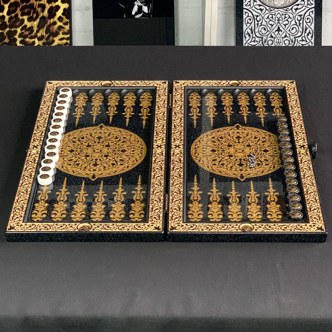 Luxury Black Acrylic Stone Backgammon "Golden Lion" 58*28cm Gift-ready