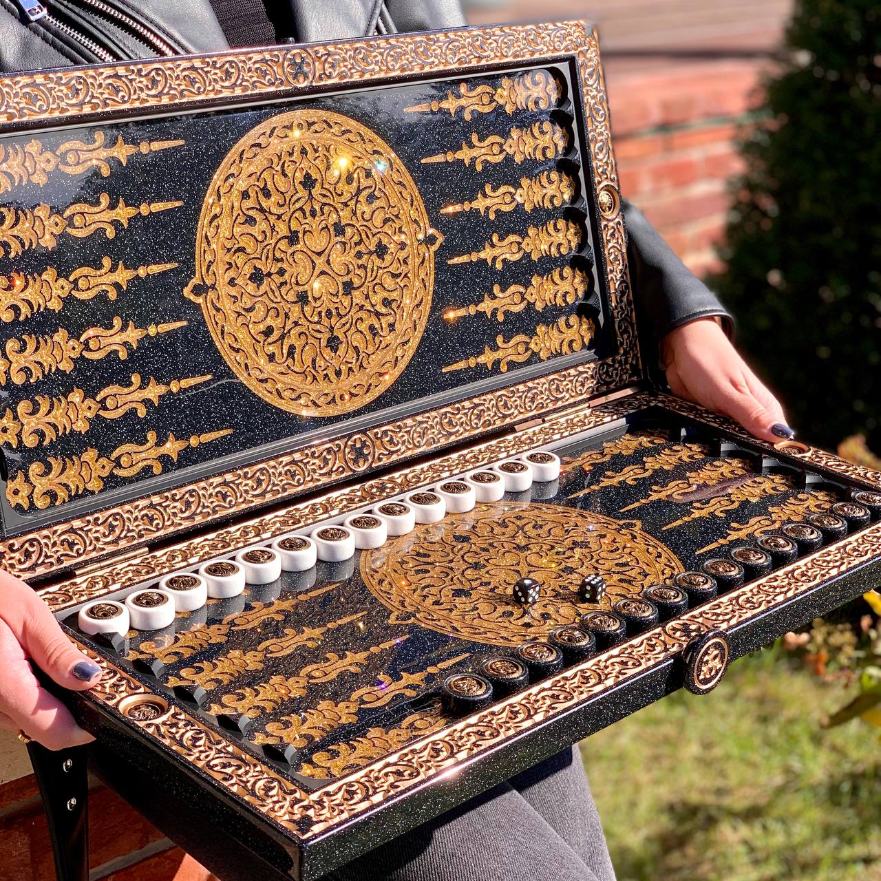 Luxury Black Acrylic Stone Backgammon "Golden Lion" 58*28cm Gift-ready