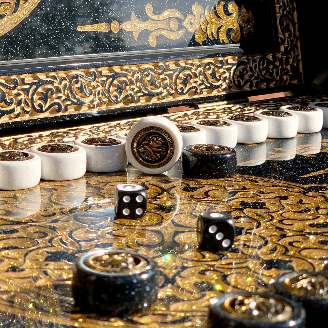 Luxury Black Acrylic Stone Backgammon "Golden Lion" 58*28cm Gift-ready