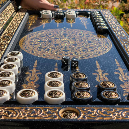 Backgammon de lujo de piedra acrílica negra "León Dorado" 60×30cm, art.190608