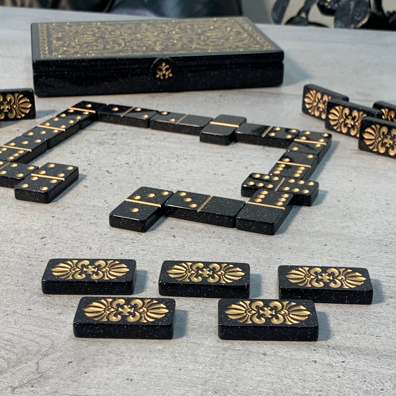 Stone Dominoes set, in a stone or wooden storage box. Customized and Gift-ready.