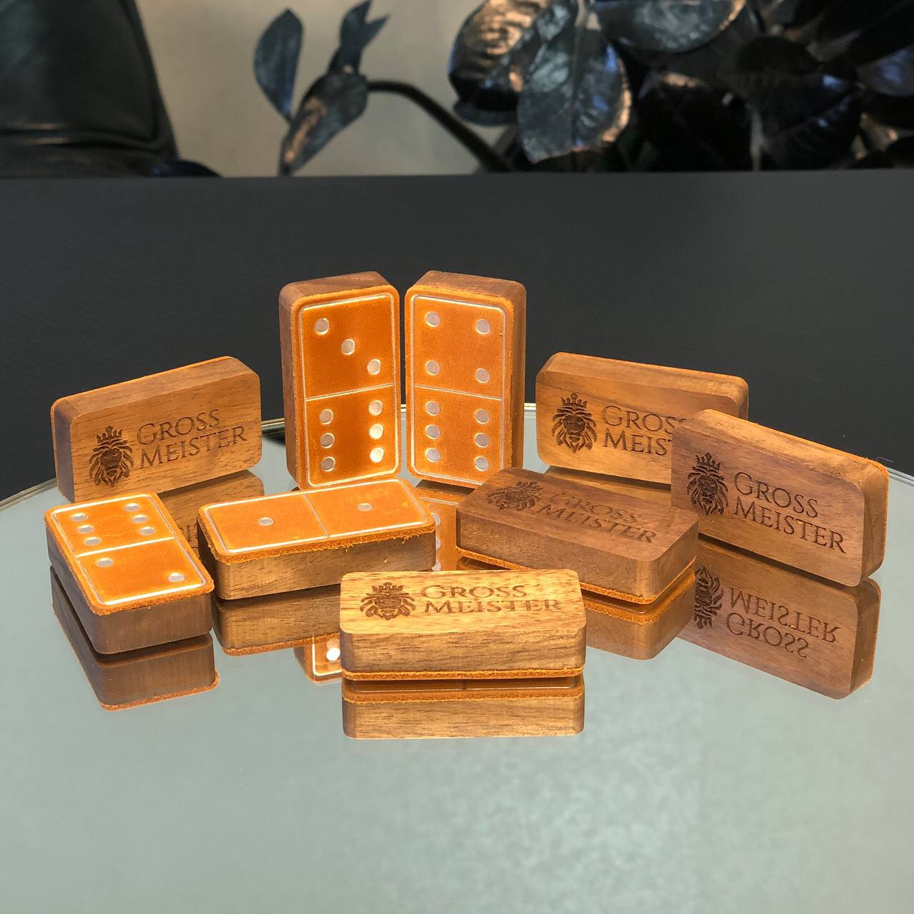 Luxury Domino set from Wood and Elegant Leather, 52*27*12mm orange dominoes, Gift-ready