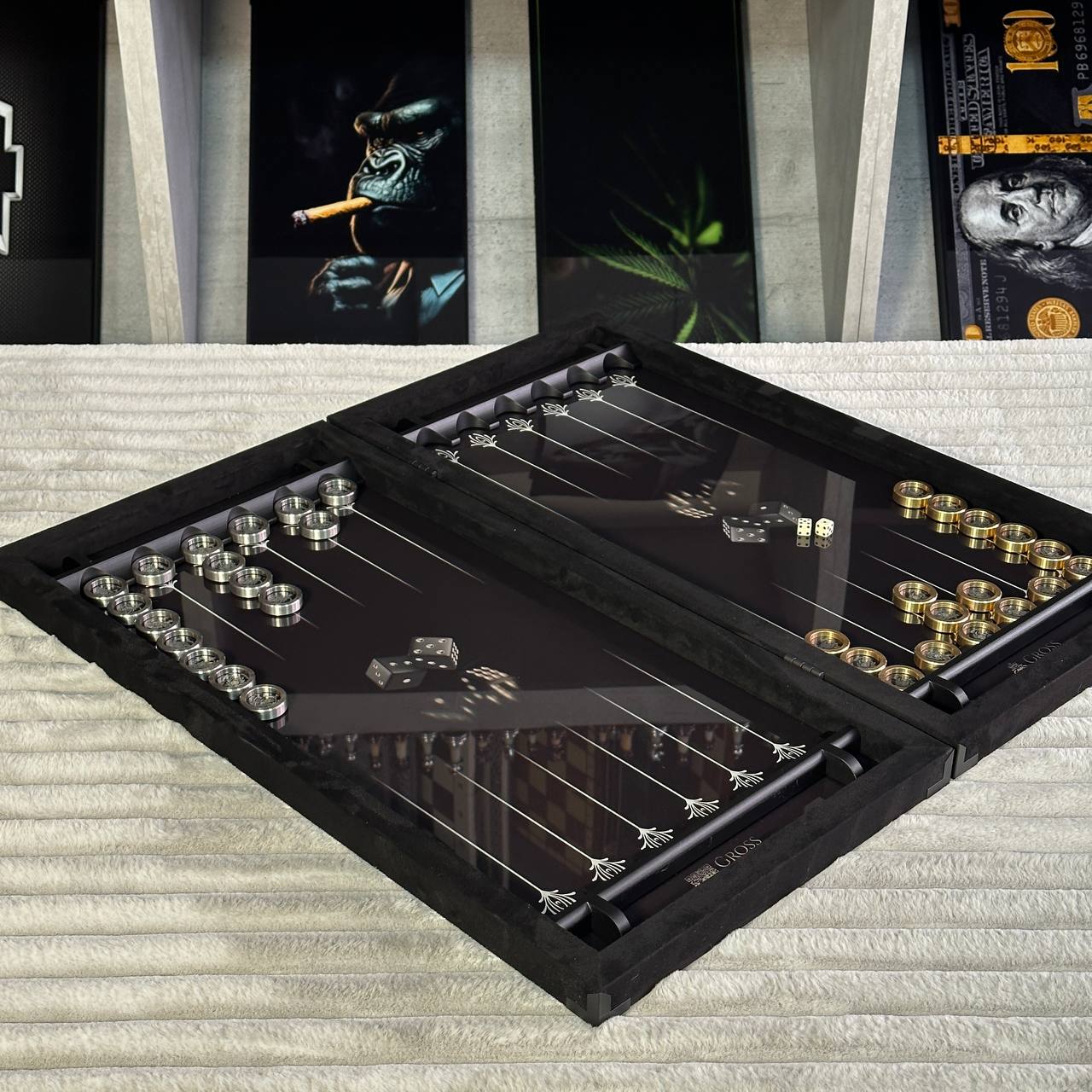 Ensemble de backgammon luxueux fait main en métal et carbone 60*30cm avec pièces en métal, prêt à offrir VIP