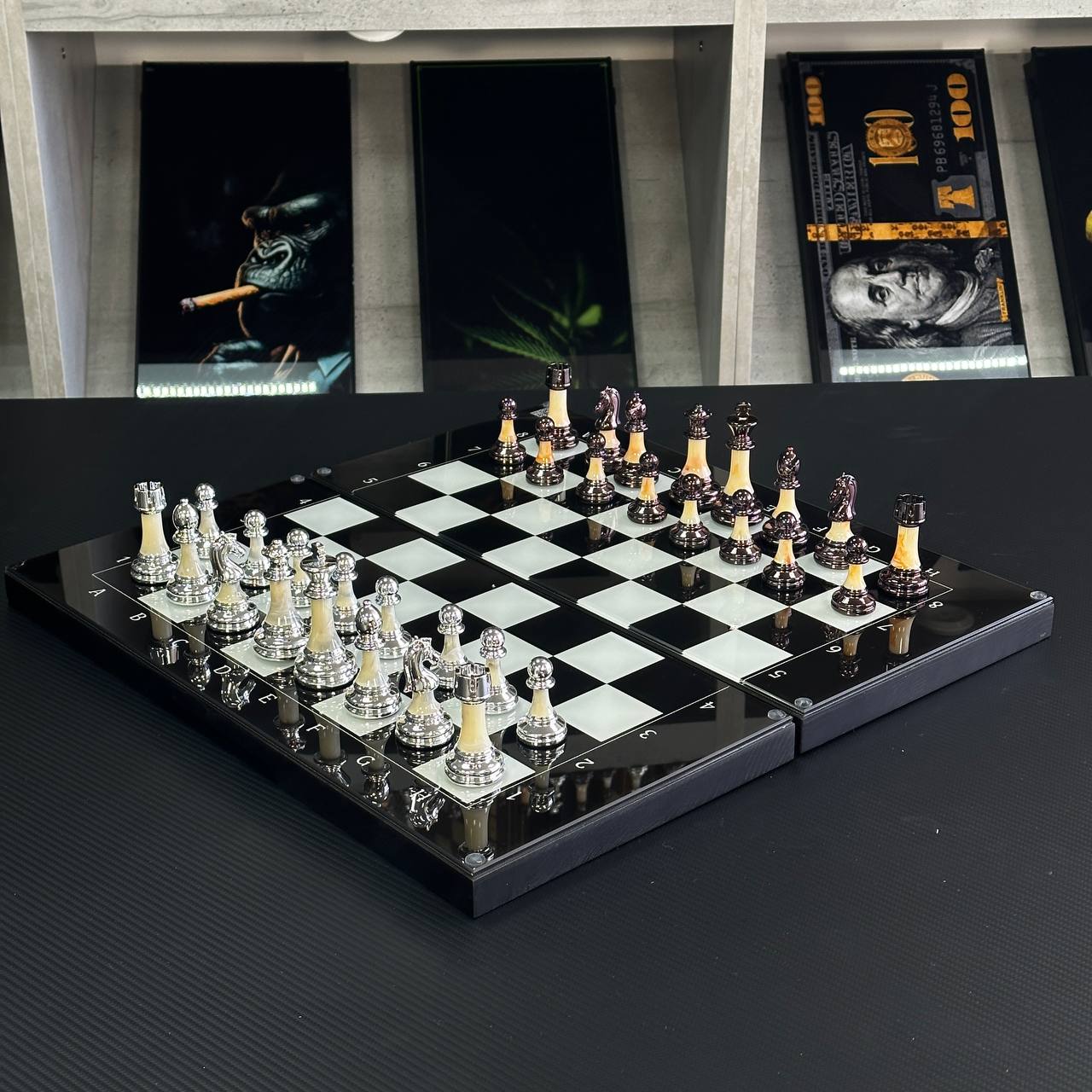 Glass Chess and Backgammon Set 3 in 1 in Wooden Frame 50*23cm A Luxurious Gift-ready Board Game