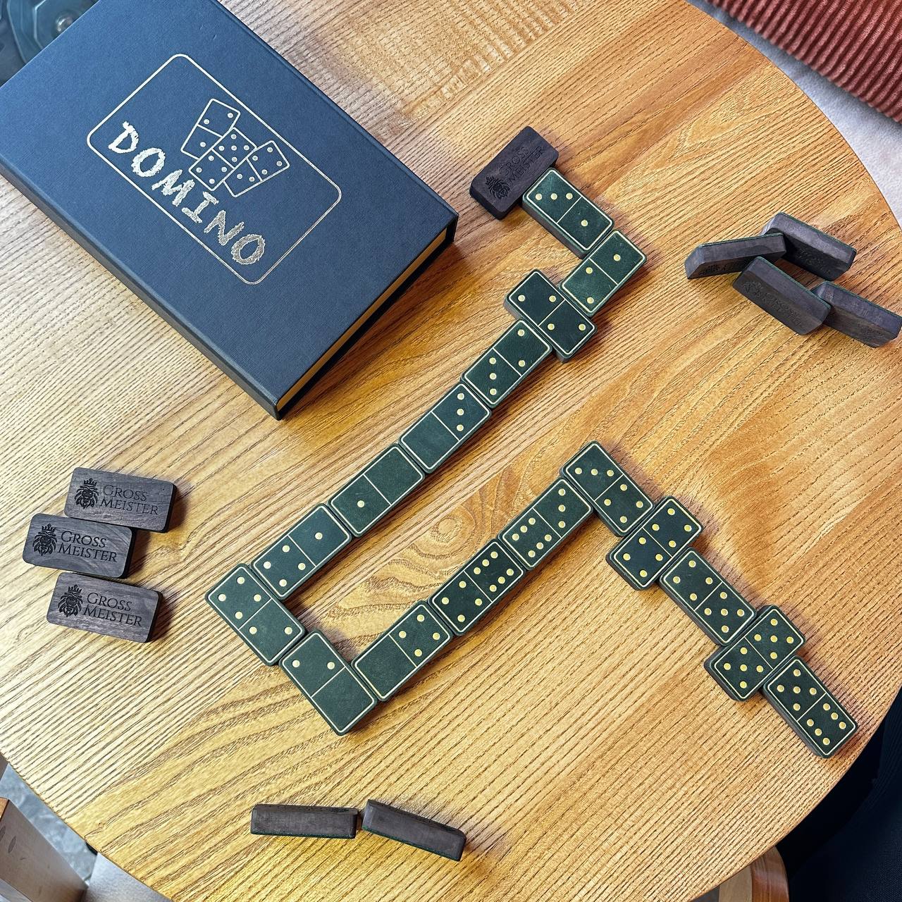 Luxury Domino set from Wood and Elegant Leather, 52*27*12mm green dominoes, Gift-ready