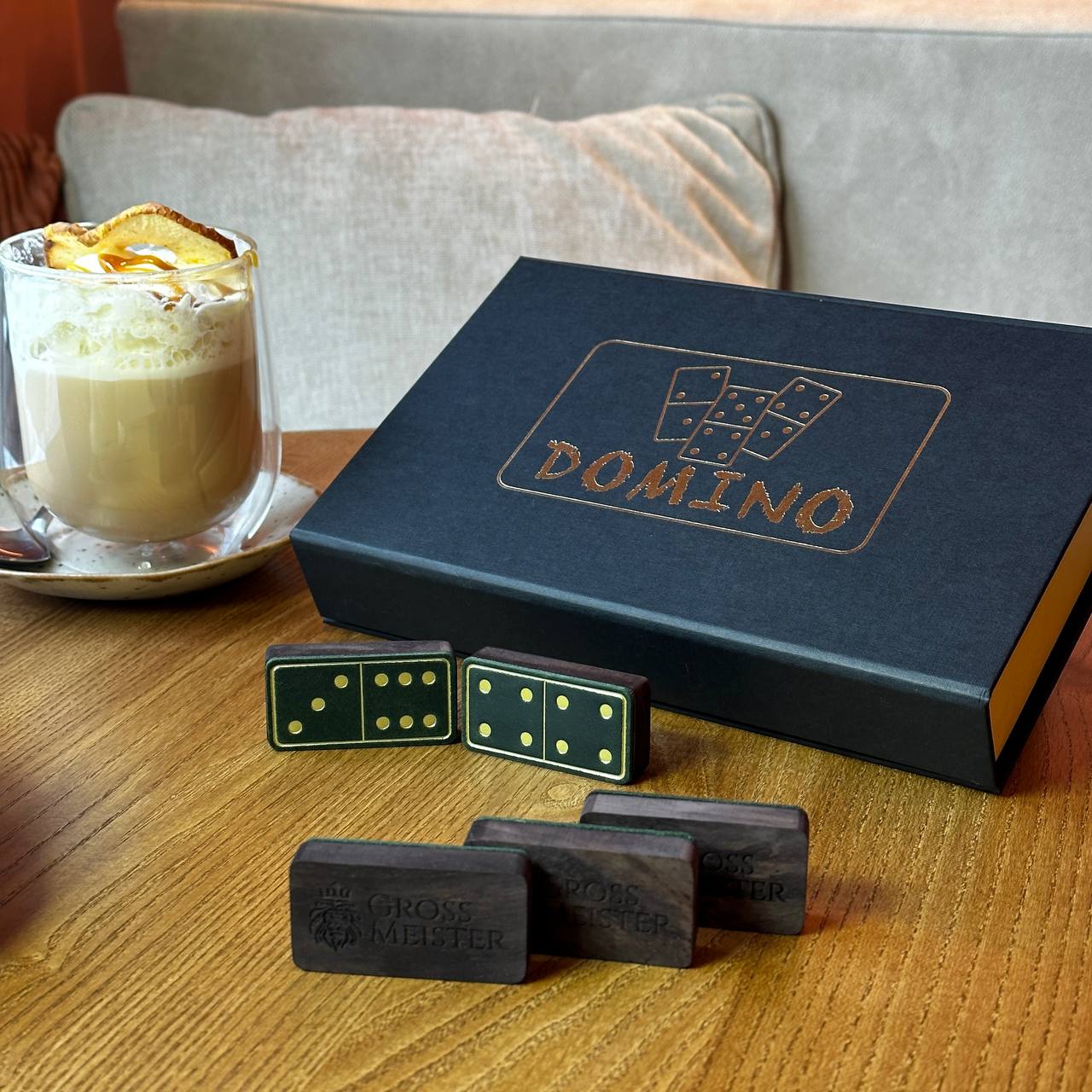 Luxury Domino set from Wood and Elegant Leather, 52*27*12mm green dominoes, Gift-ready