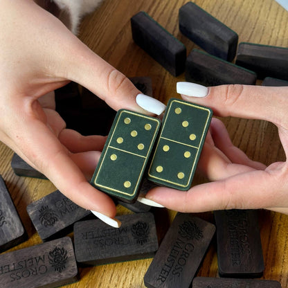 Luxury Domino set from Wood and Elegant Leather, 52*27*12mm green dominoes, Gift-ready