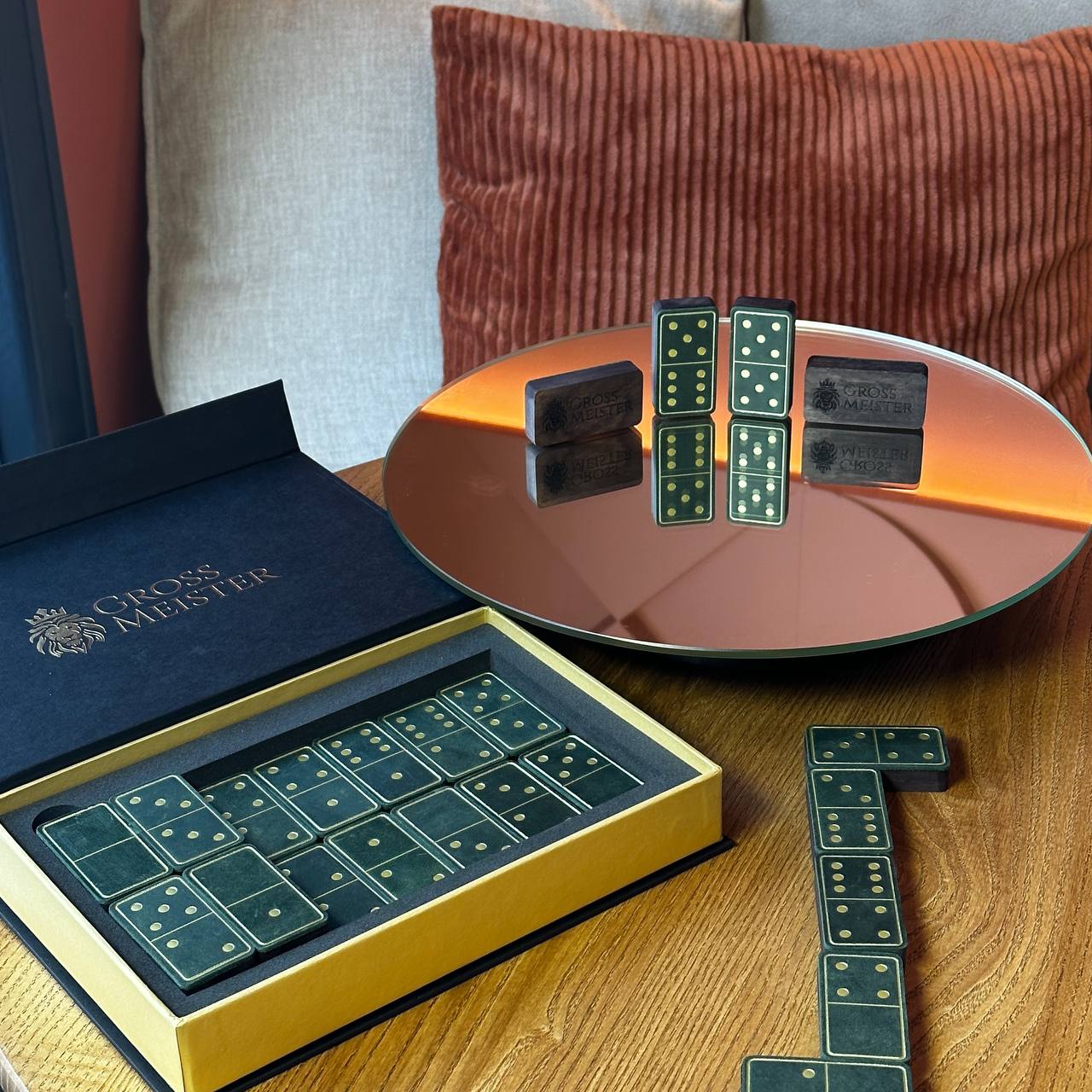 Luxury Domino set from Wood and Elegant Leather, 52*27*12mm green dominoes, Gift-ready