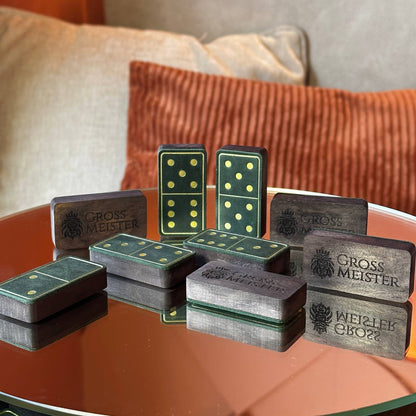 Luxury Domino set from Wood and Elegant Leather, 52*27*12mm green dominoes, Gift-ready