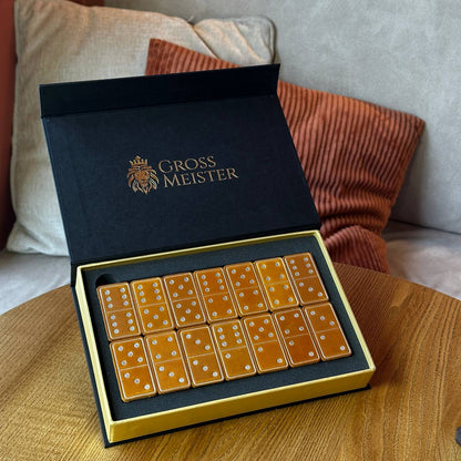 Luxury Domino set from Wood and Elegant Leather, 52*27*12mm orange dominoes, Gift-ready