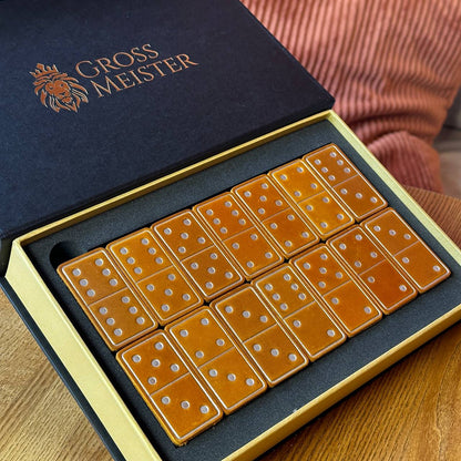 Luxury Domino set from Wood and Elegant Leather, 52*27*12mm orange dominoes, Gift-ready