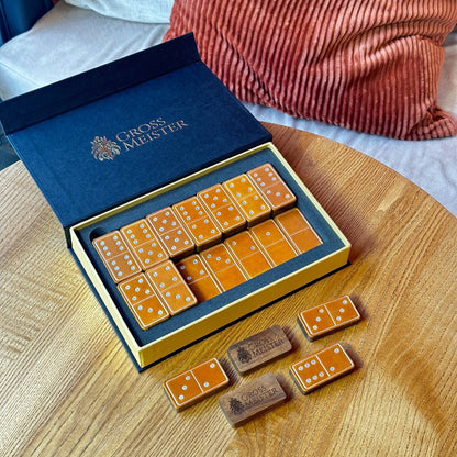 Luxury Domino set from Wood and Elegant Leather, 52*27*12mm orange dominoes, Gift-ready