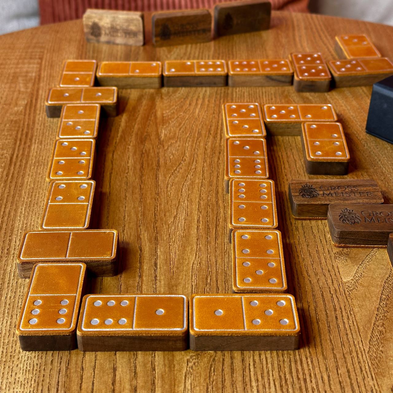 Luxury Domino set from Wood and Elegant Leather, 52*27*12mm orange dominoes, Gift-ready