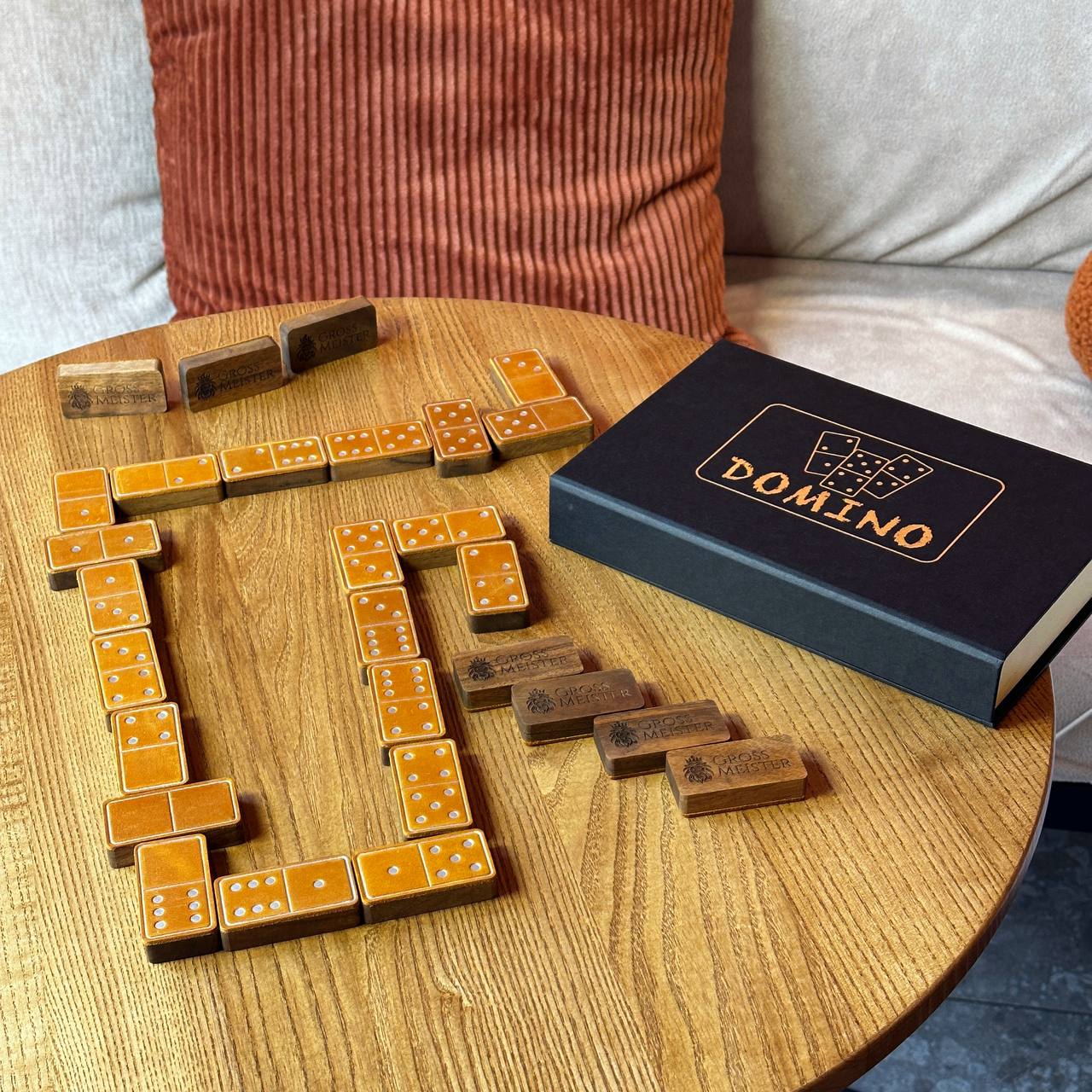 Luxury Domino set from Wood and Elegant Leather, 52*27*12mm orange dominoes, Gift-ready