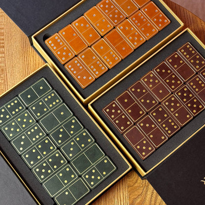 Luxury Domino set from Wood and Elegant Leather, 52*27*12mm orange dominoes, Gift-ready