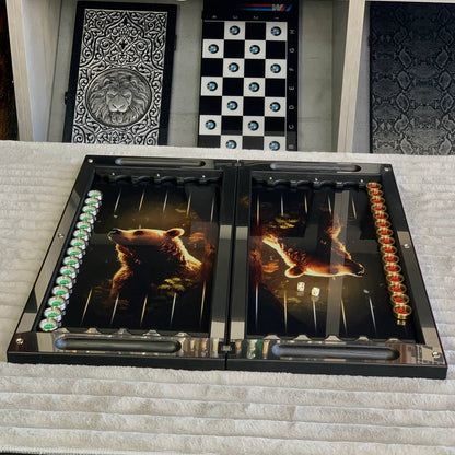 Metall-Backgammon 60×30 cm, Spielfläche aus Glas