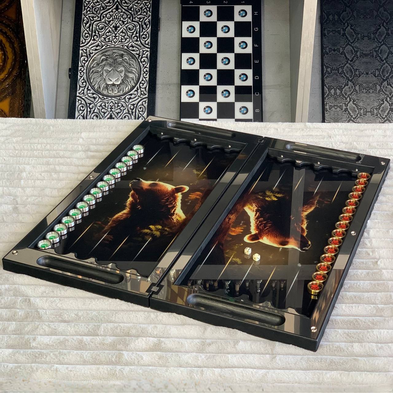 Metall-Backgammon 60×30 cm, Spielfläche aus Glas