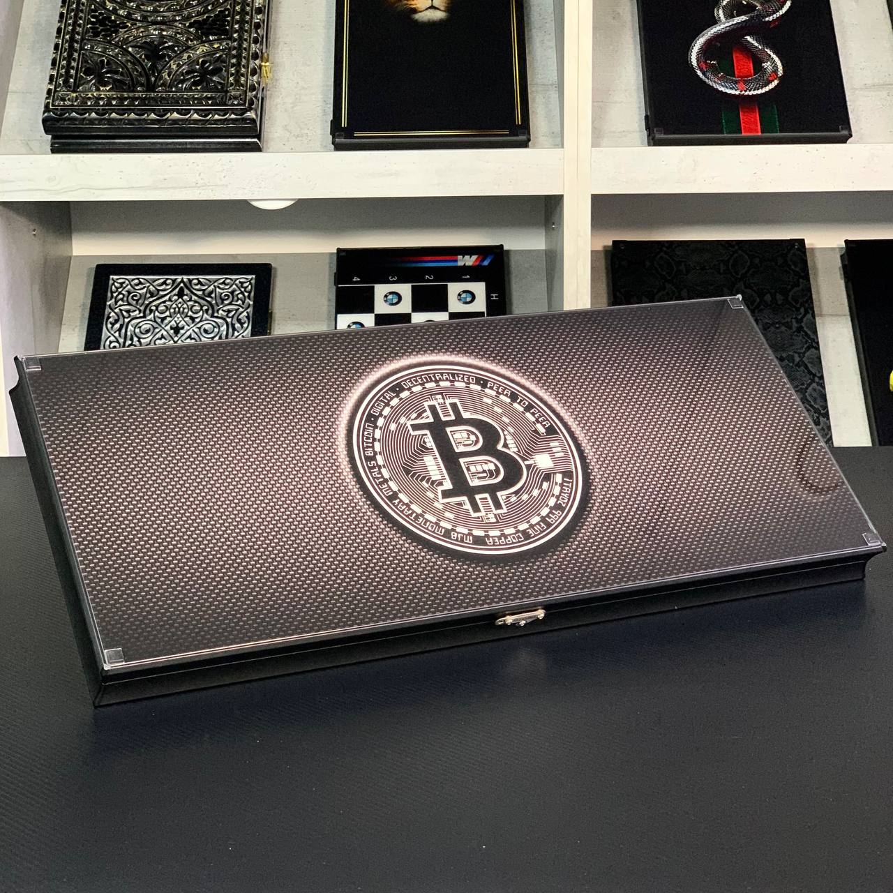 Glass backgammon board "Carbon Bitcoin" 61*27cm, Luxury Gift-ready board game set