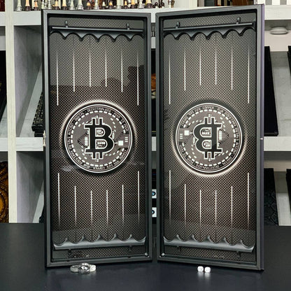 Glass backgammon board "Carbon Bitcoin" 61*27cm, Luxury Gift-ready board game set