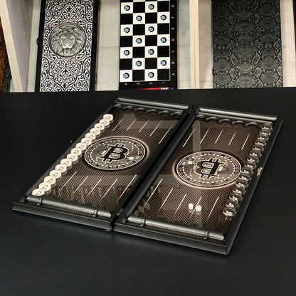 Glass backgammon board "Carbon Bitcoin" 61*27cm, Luxury Gift-ready board game set