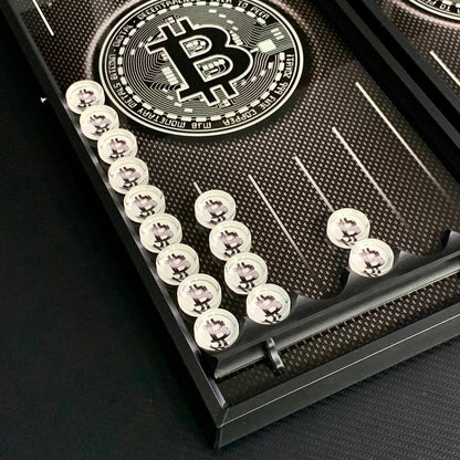 Glass backgammon board "Carbon Bitcoin" 61*27cm, Luxury Gift-ready board game set