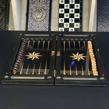 Exclusive Glass Backgammon with Star. Wooden board game. Gift-ready and Customized