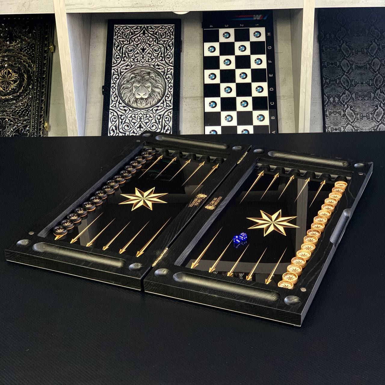 Exclusive Glass Backgammon with Star. Wooden board game. Gift-ready and Customized