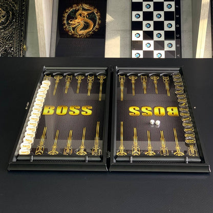 Stylish Glass Backgammon with BOSS Inscription 61*27cm, Gift-ready, Premium quality