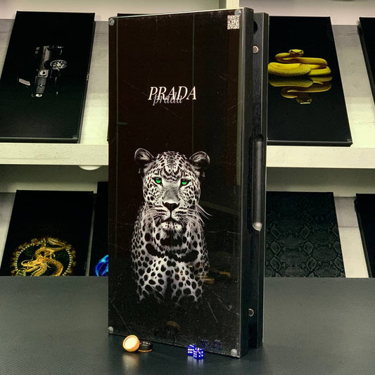 Exclusive Glass Backgammon with Prada brand. Wooden board game. Gift-ready 2 sizes