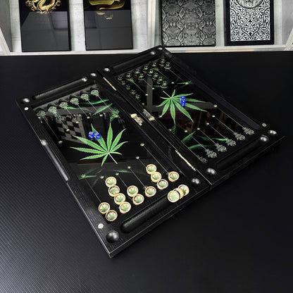 Luxury Glass Backgammon Set with Canabbis design, Wooden Backgammon, Customized and Gift-ready