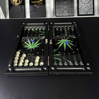 Luxury Glass Backgammon Set with Canabbis design, Wooden Backgammon, Customized and Gift-ready