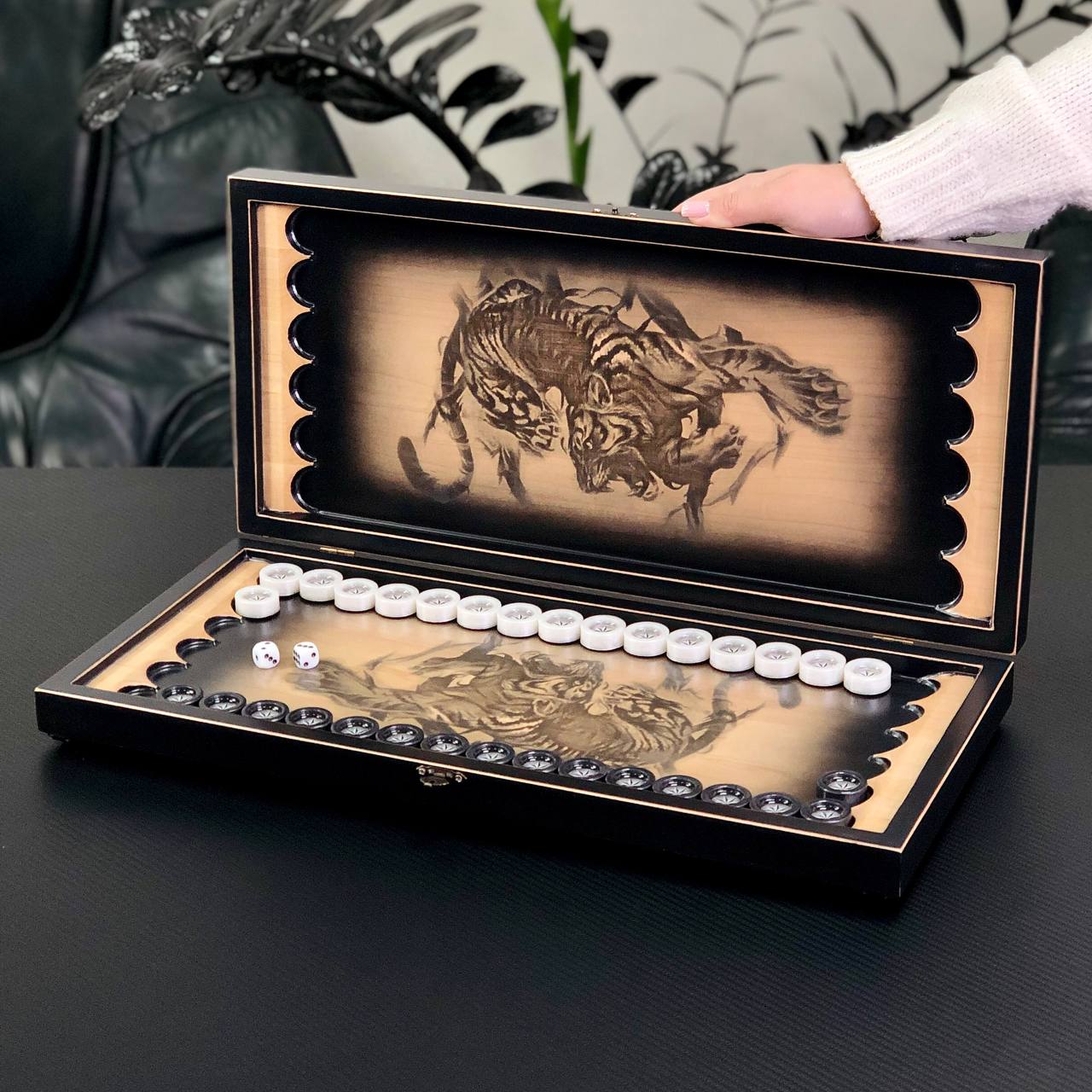 Handcrafted Wooden Backgammon "Tiger" with Epoxy Resin Chips – Exquisite Decor, Exciting Gameplay, Gift-ready