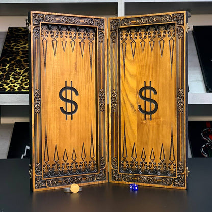 Hölzernes Backgammon-Brettspielset „Dollar“, 46×23×3cm, geschenkfertig und individuell anpassbar.