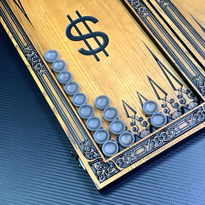 Jeu de backgammon en bois "Dollar", 46×23×3cm, prêt à offrir et personnalisé.