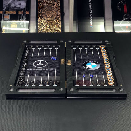 Luxury Glass&Wood Backgammon Set with Car brand Batle, Customized and Gift-ready