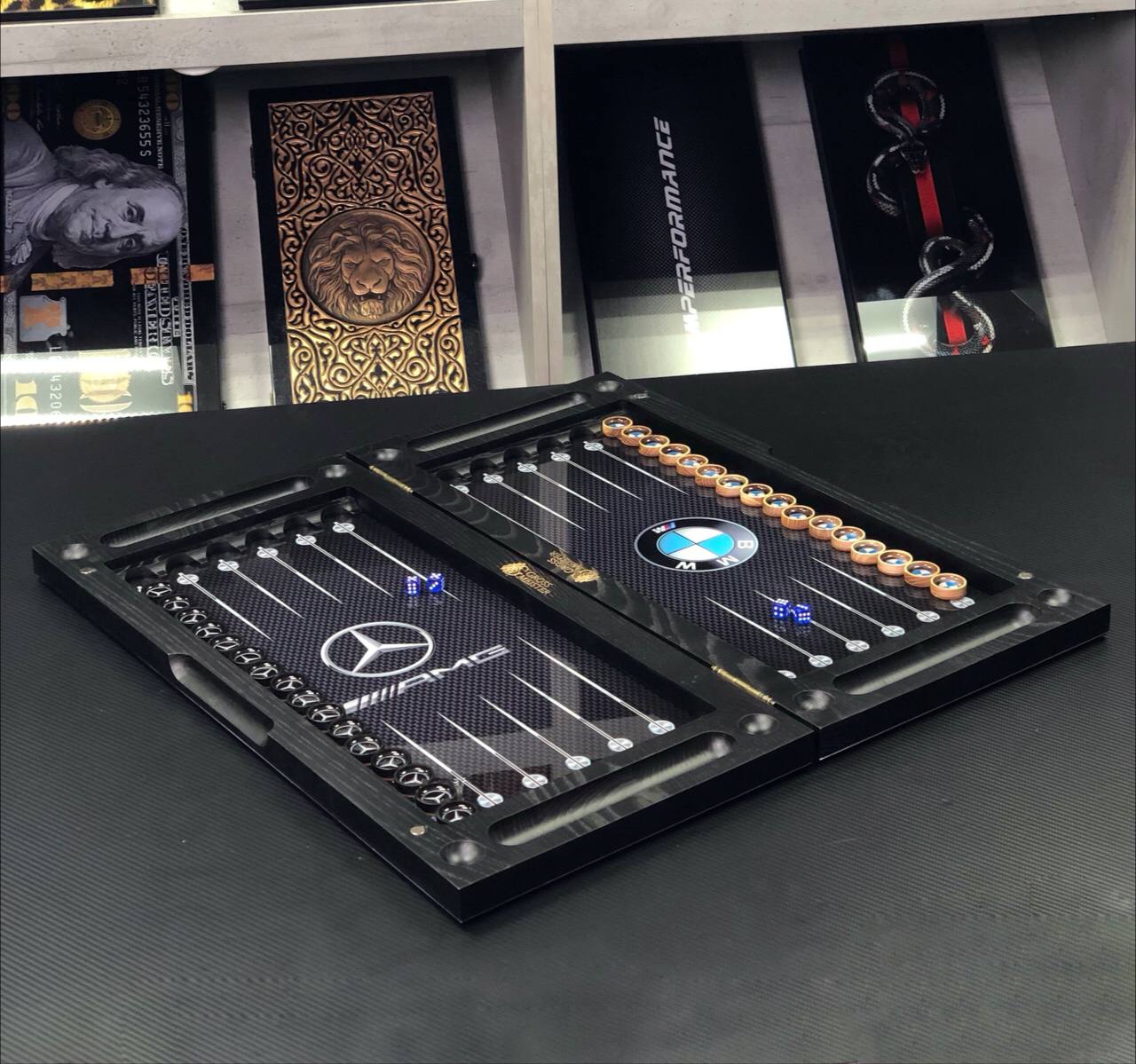 Luxury Glass&Wood Backgammon Set with Car brand Batle, Customized and Gift-ready