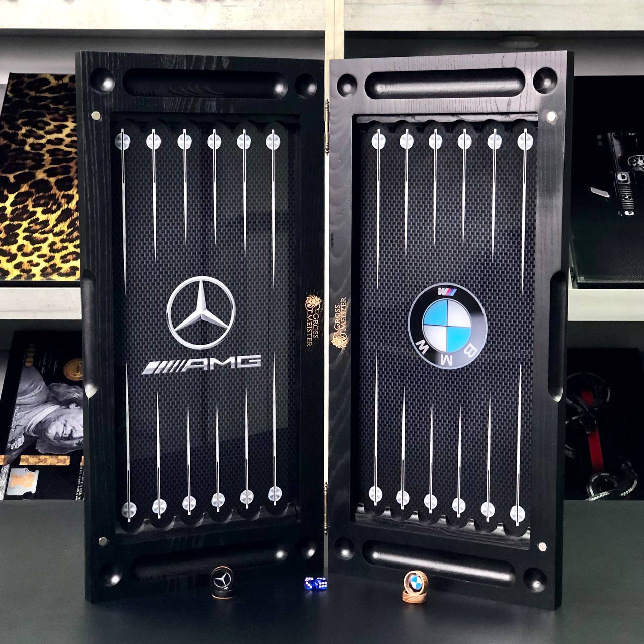 Luxury Glass&Wood Backgammon Set with Car brand Batle, Customized and Gift-ready