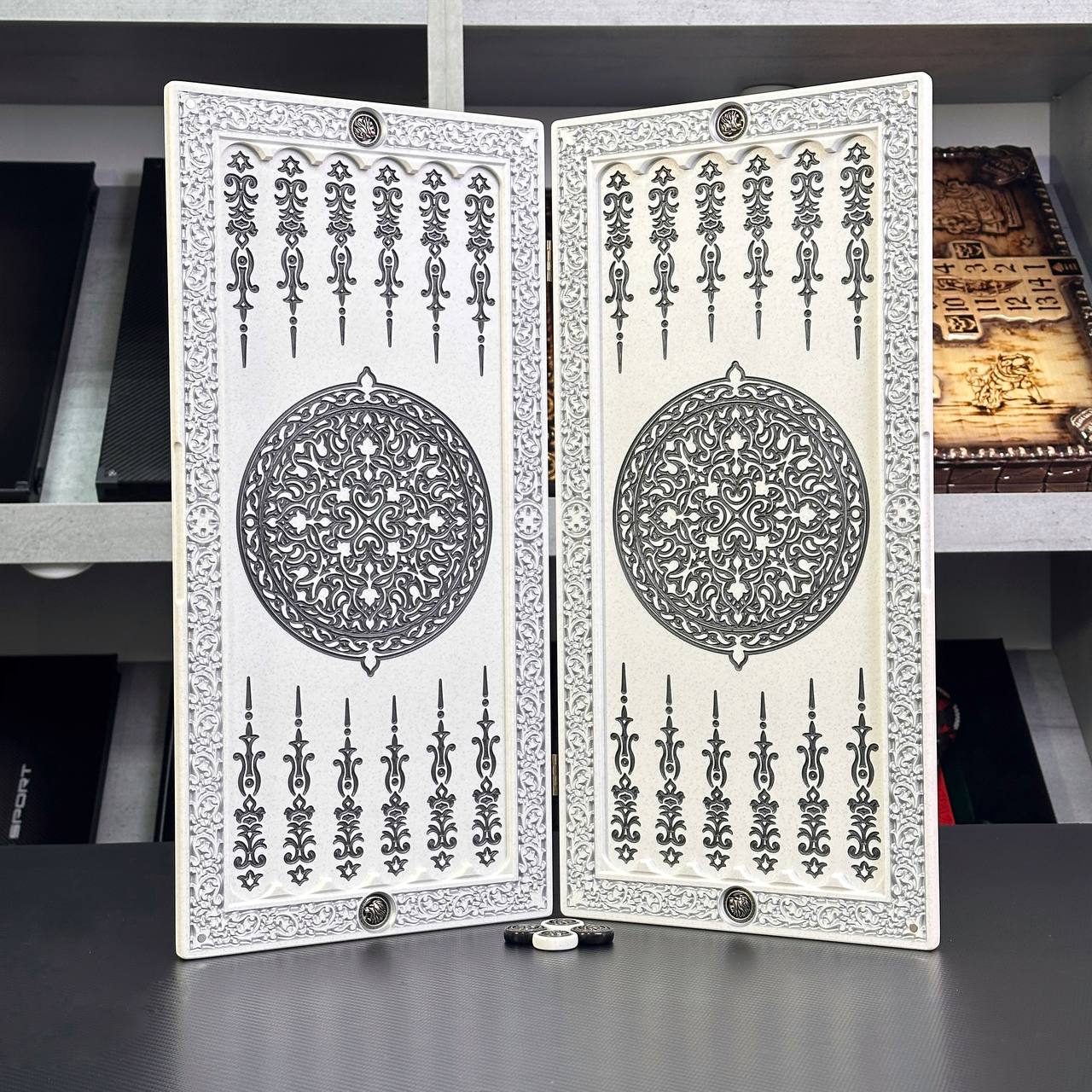 Luxury white ACRYLIC STONE backgammon Compact size Handmade board game, Gift-ready