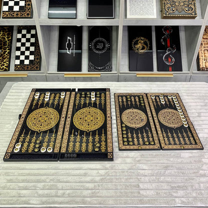 Luxury Black Acrylic Stone Backgammon "Golden Lion" 2 sizes 47*23cm and 58*28cm Gift-ready